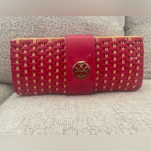 COPY - Tory Burch Red and Tan Clutch with Button Closure